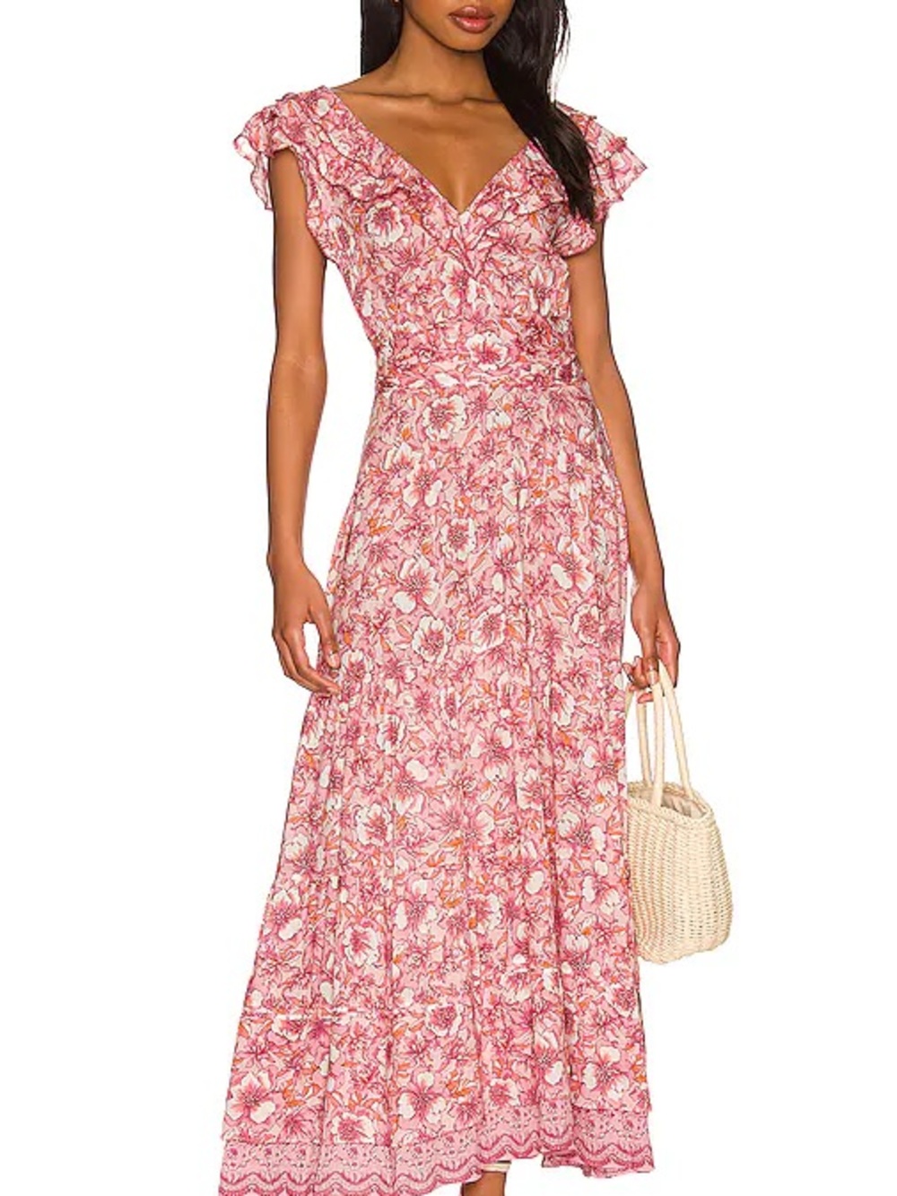 Poupette St. Barth Rose-Pink Floral V-Neck Maxi Dress